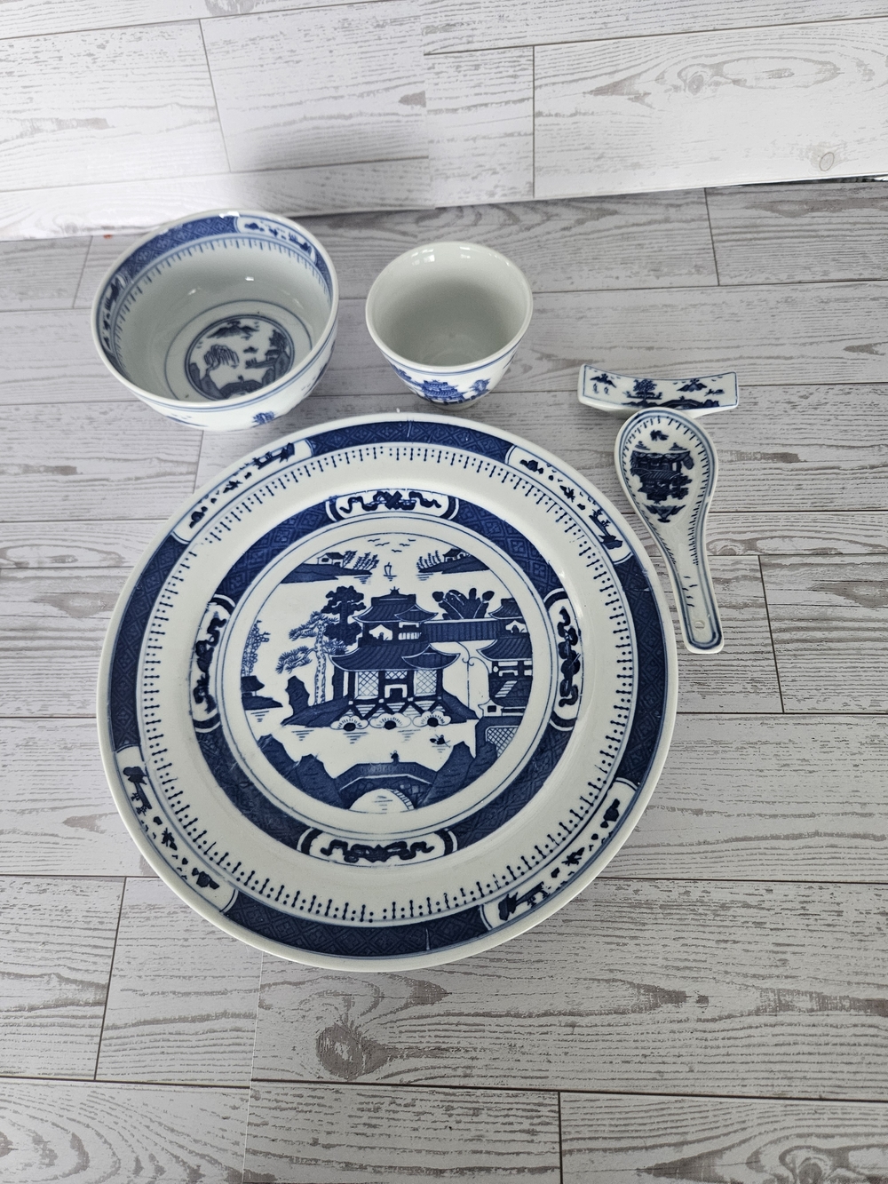 Blue and White Porcelain Dinnerware Set - Classic Asian Motif Vintage